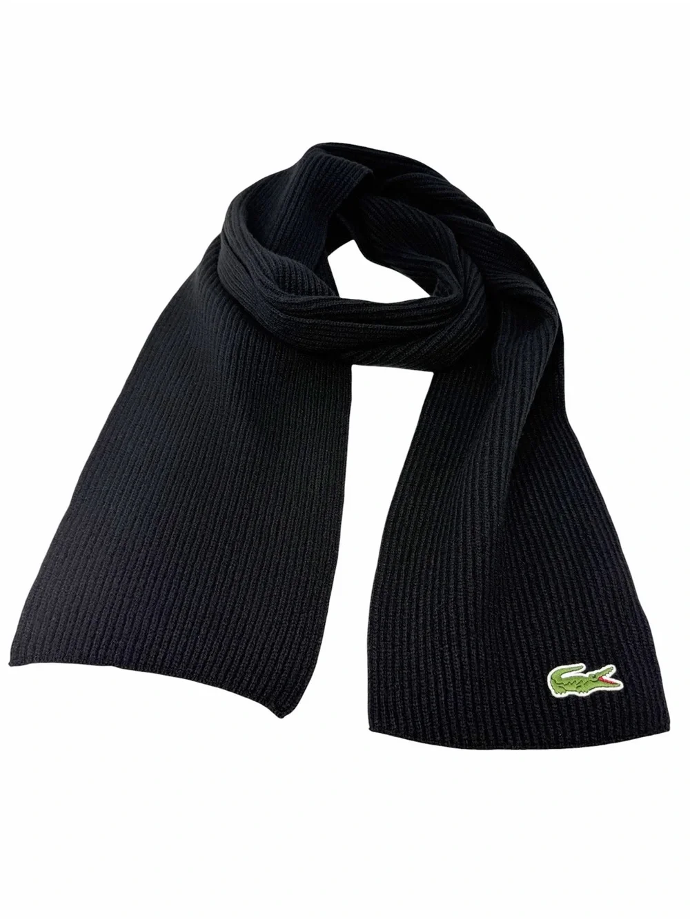 Lacoste Black Ribbed Knit Wool Scarf Unisex